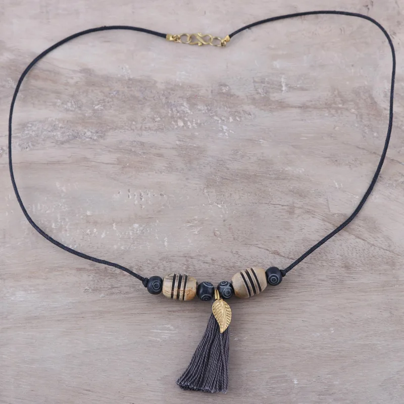 Gilded Leaf & Tassel Earth-Tone Necklace - Image 4